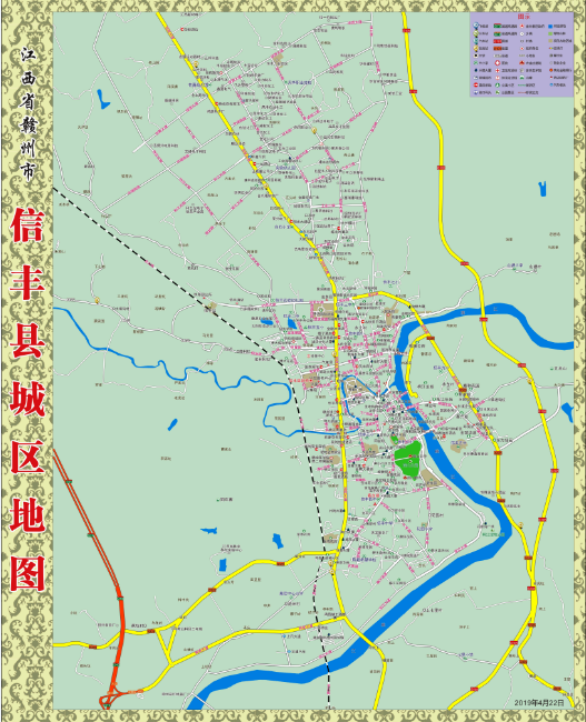 2019年4月江西赣州信丰县城区街道小区楼盘学校政府单位分布地图