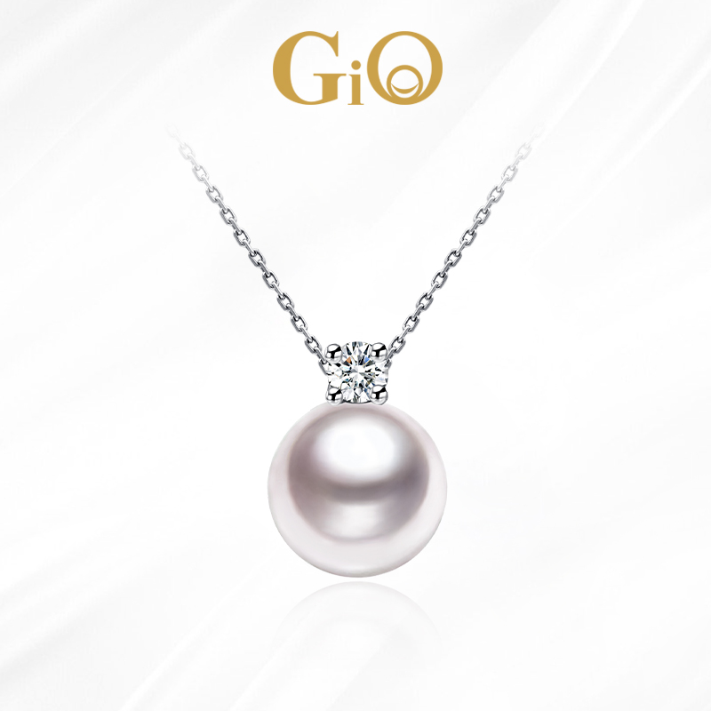 GiO珠宝Akoya海水珍珠项链18K金钻石戴妃款吊坠单颗小灯泡颈链