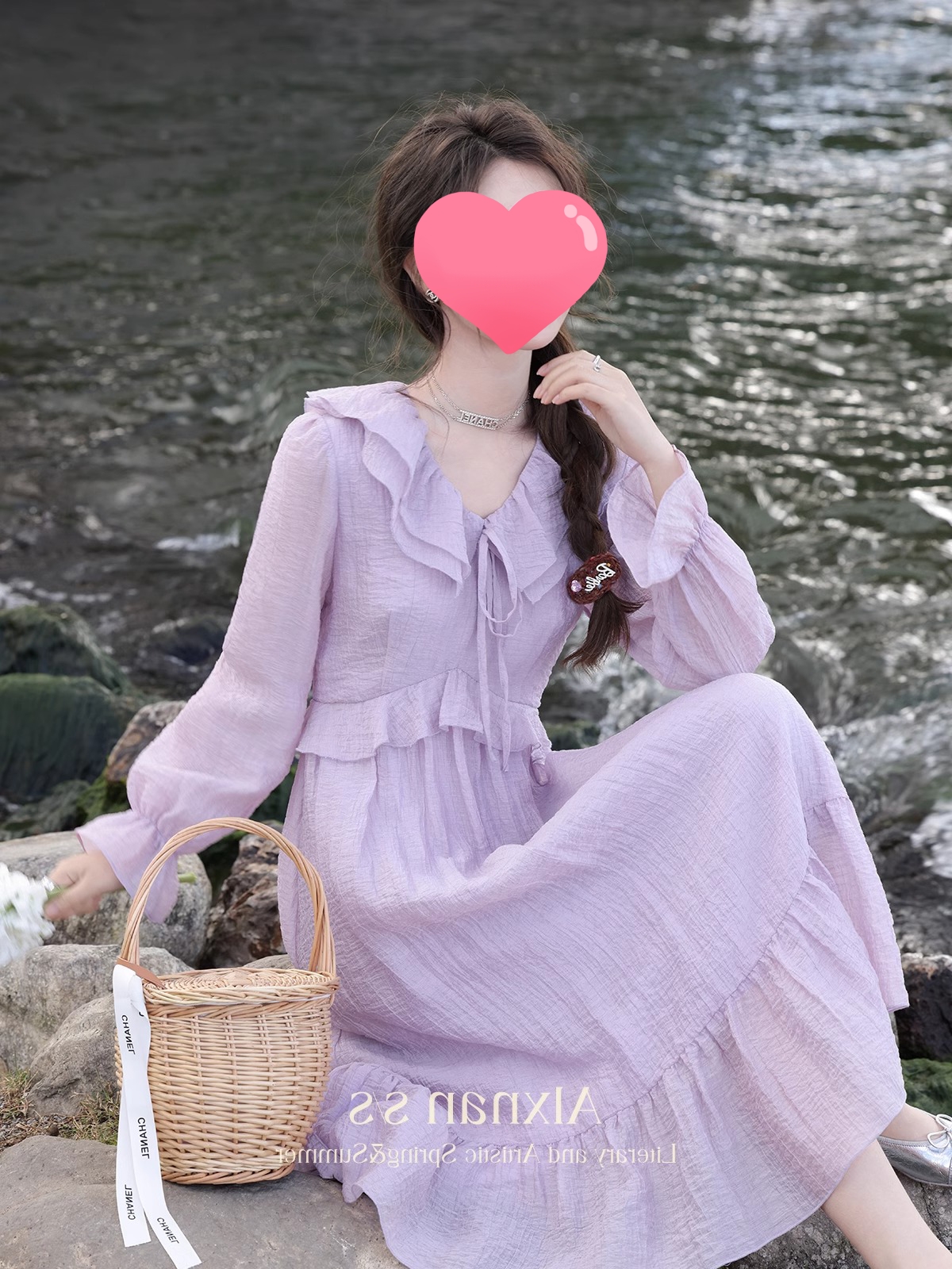 新款裙子长裙法式气质淑女温柔香芋紫色喇叭袖v领雪纺连衣裙女春