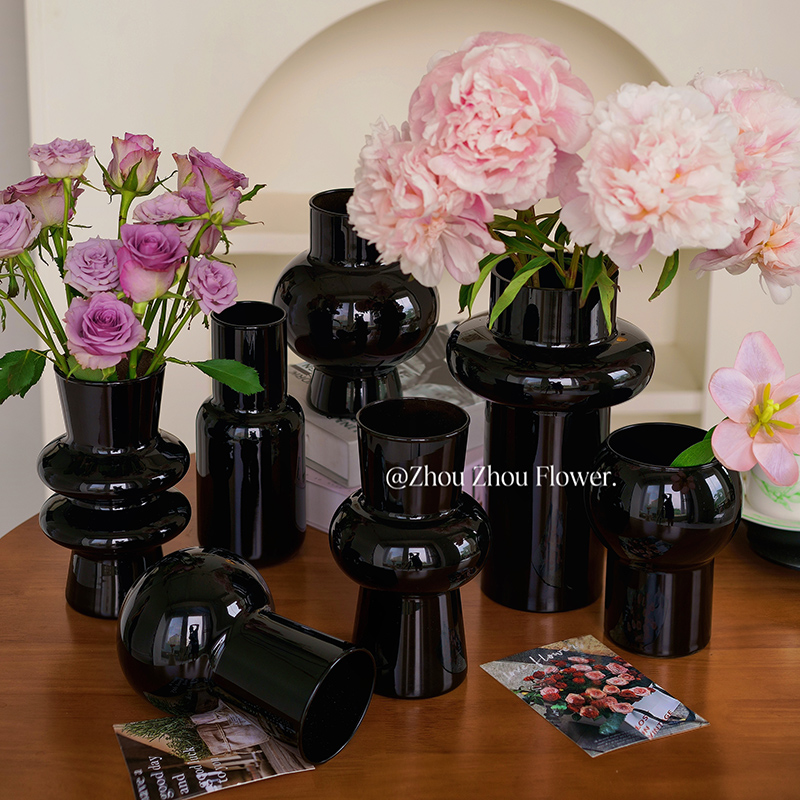 简约现代中古小众玻璃花瓶摆件客厅黑色水养插花鲜花创意高级感