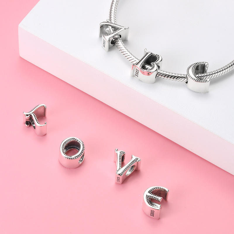 S925纯银珠子 二十六个字母系列串珠 charm手链DIY配件散珠银饰品