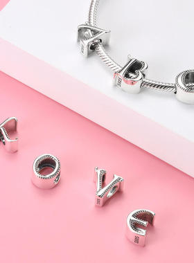 S925纯银珠子 二十六个字母系列串珠 charm手链DIY配件散珠银饰品
