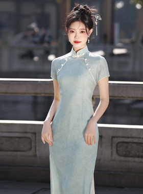 新中式古法双襟旗袍夏季新款2024青绿色复古民国风少女连衣裙送考