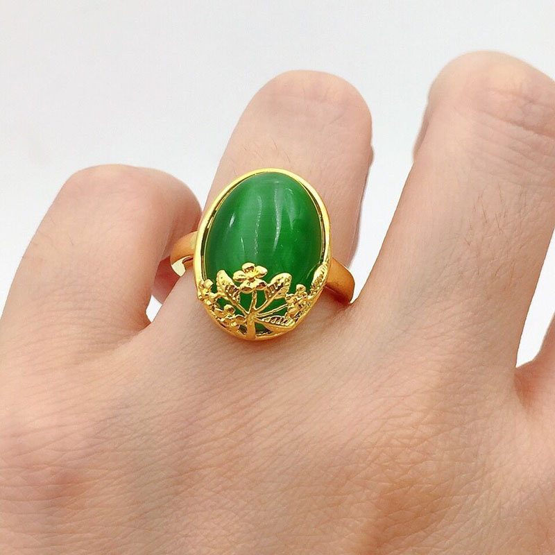 新款人造绿宝石越南沙金戒指女士可调节女款无名指猫眼石结婚戒