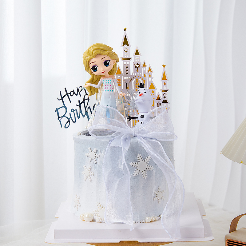 网红冰雪公主生日蛋糕装饰摆件儿童卡通插件女王城堡女孩装扮配件