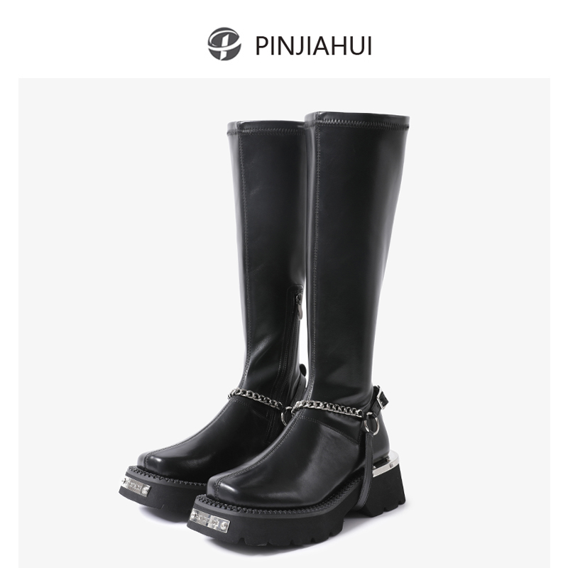 pinjiahui 小众款长筒靴甜酷骑士靴女真皮厚底重金属小个子机车靴