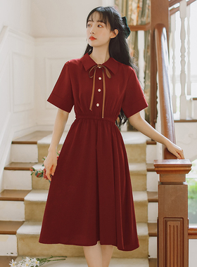 红色连衣裙夏季新款裙子女学生复古森系长裙少女气质衬衫裙小个子