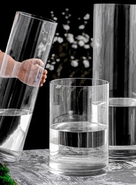 北欧现代创意简约客厅圆形直筒大号富贵竹插花透明玻璃花瓶摆件