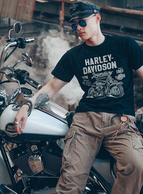 酷帅哈雷摩托车硬朗造型粗犷机车纯爷们男士t恤短袖宽松纯棉潮牌