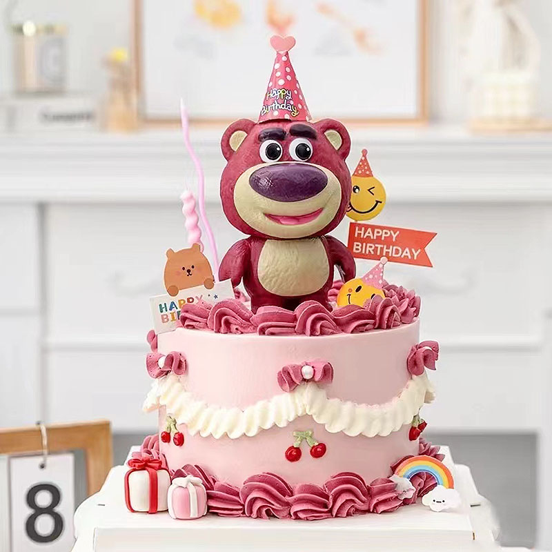 网红卡通可爱草莓熊蛋糕装饰摆件韩式粉色小熊儿童女孩生日帽插件
