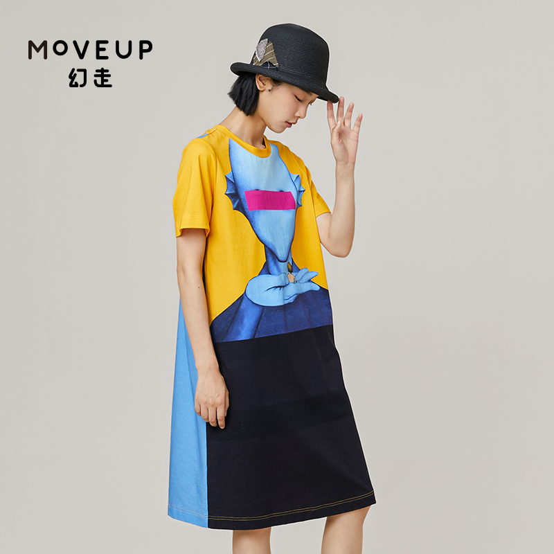 【商场同款】MOVEUP幻走2021夏季 圆领纯棉趣味图案休闲长款T恤女