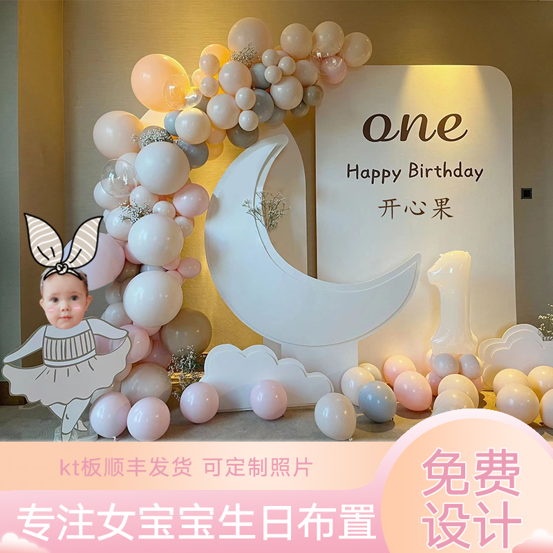 女宝宝生日装饰粉色主题场景布置女孩一周岁宴儿童气球kt板背景墙