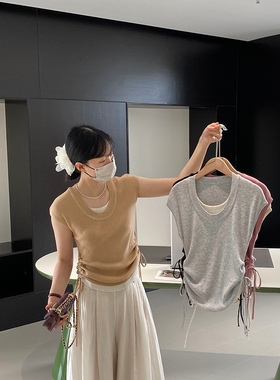 针织短袖T恤女小个子2024年夏季新款设计感显瘦抽绳撞色假两件套