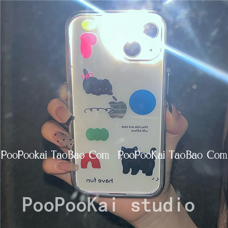 PooPooKai小众透明银色边框几何图形黑猫适用苹果15iphone14手机壳13promax防摔ins保护套12个性11可爱简约