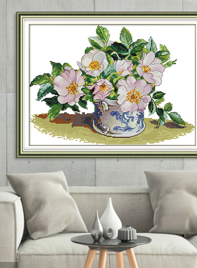 青花瓷瓶十字绣植物花卉图案新中式小清新卧室挂画简单刺绣小件