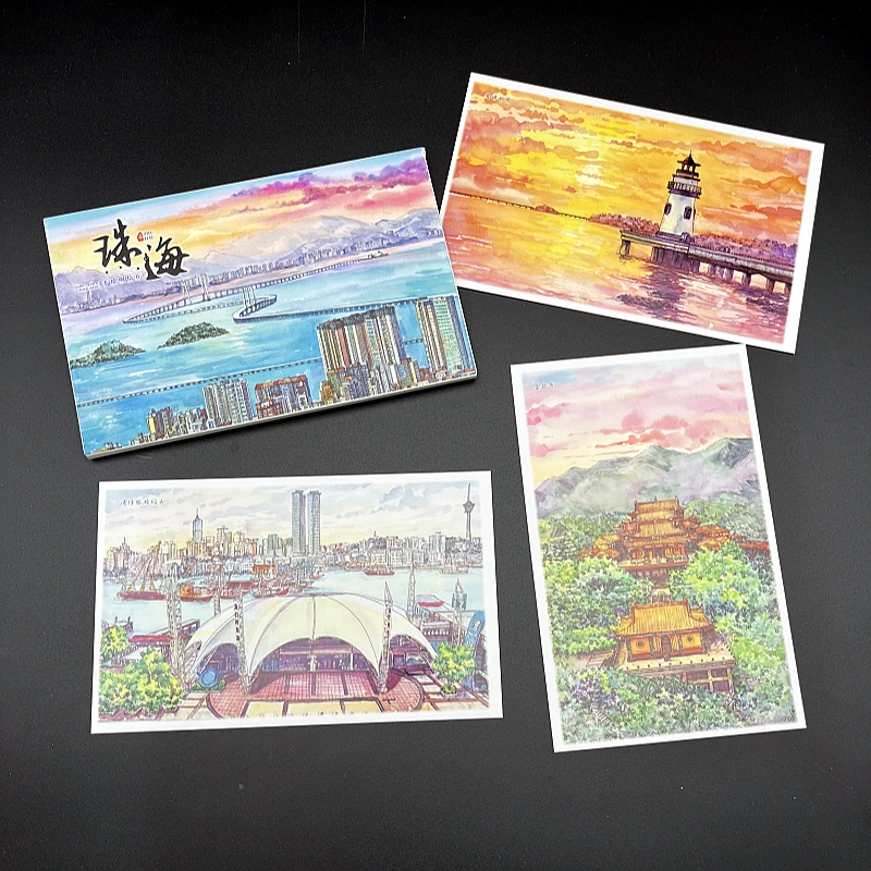 珠海手绘风景明信片港珠澳大桥东澳岛长隆海洋公园旅游纪念品卡片