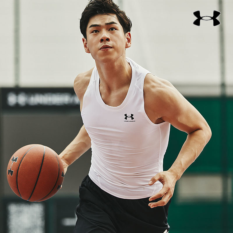 安德玛白色背心男装2024新款篮球运动服跑步训练上衣透气无袖T恤
