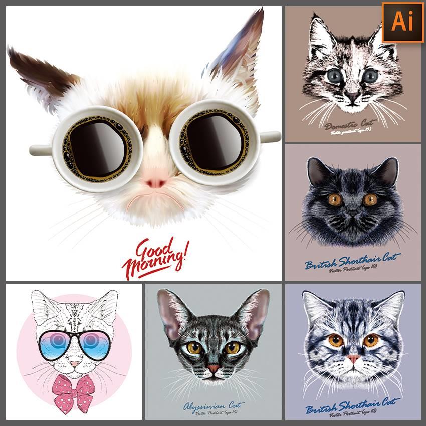 卡通手绘超萌可爱动物猫咪插画肖像头像图案矢量背景设计素材