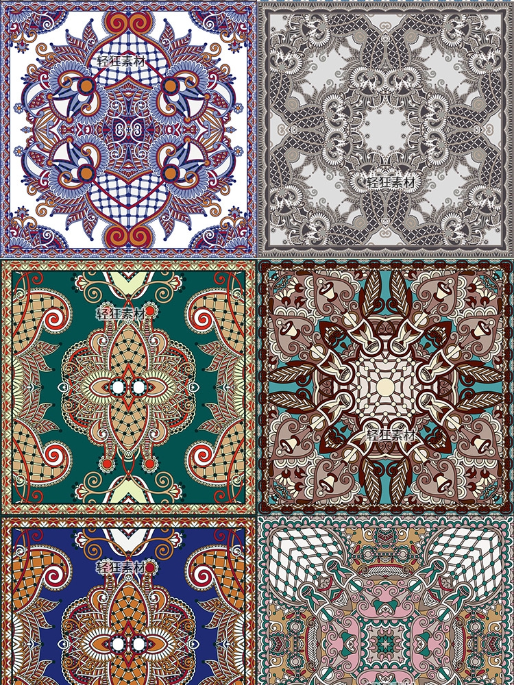 传统民族风方形对称花纹印花地毯丝巾装饰纹样图案矢量AI设计素材