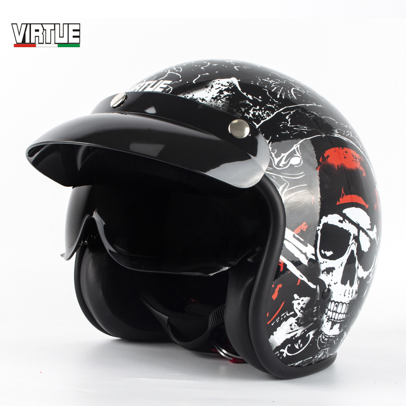 VIRTUE电动摩托车头盔复古盔带内镜半盔泡泡镜安全帽DOT标准双D扣