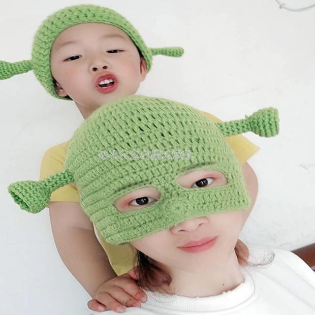 怪物史莱克针织绿色帽搞怪卡通毛线触角沙雕创意手工头套帽子网红