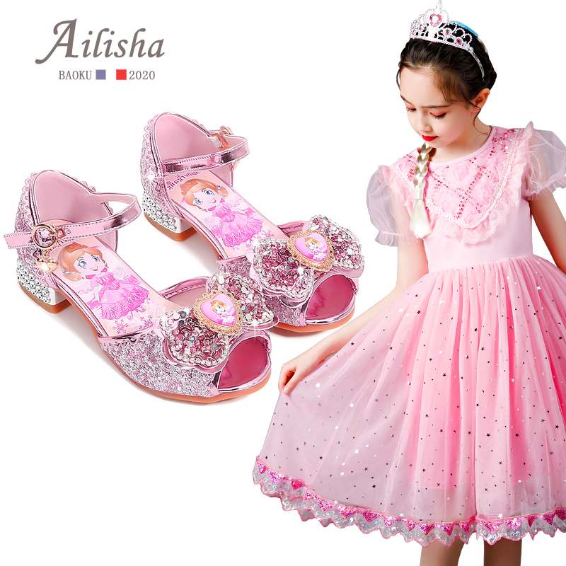 A-lisha女童高跟凉鞋小女孩韩版水晶鞋中大童公主鞋儿童鱼嘴凉鞋