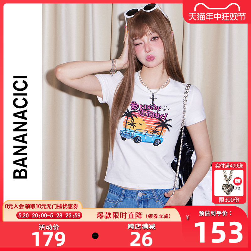 BANANA CICI2024年夏季新款美式复古手绘图案印花短袖T恤正肩上衣