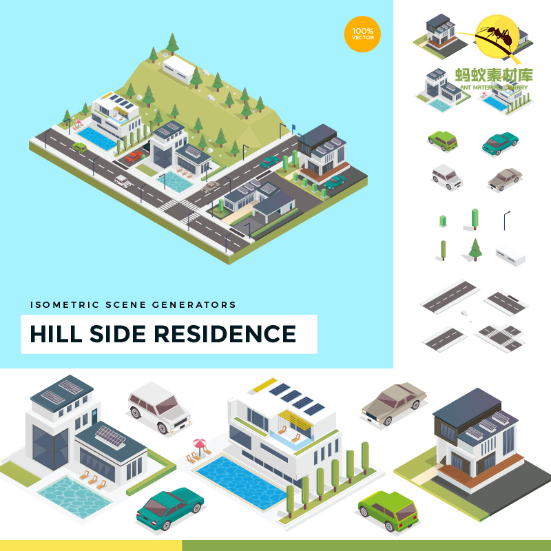 2.5D立体建筑山边住宅汽车街道场景城市地图插画AI矢量UI设计素材