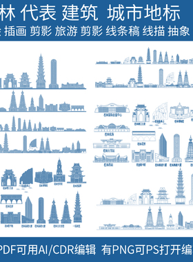 桂林广西建筑地标志城市天际线条描稿旅游景点插画剪影手绘素材