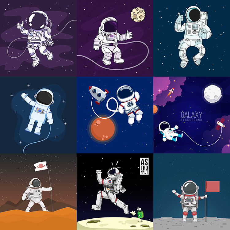 宇航员探险 卡通宇宙星球月球外太空海报背景 AI格式矢量设计素材