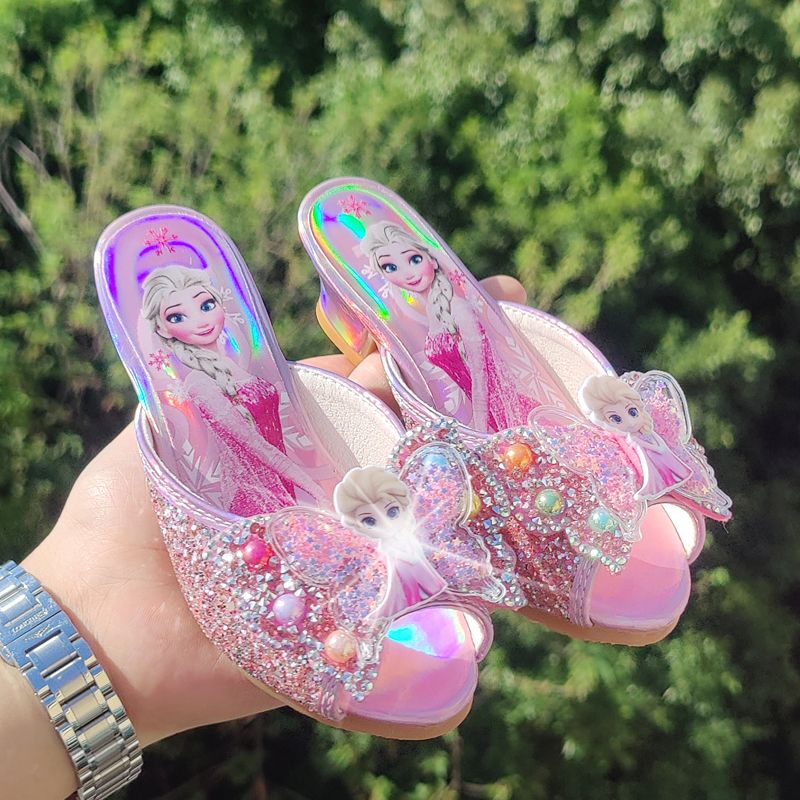 儿童水晶拖鞋爱莎儿童高跟鞋女公主女孩外穿时尚生日礼物爱沙有跟