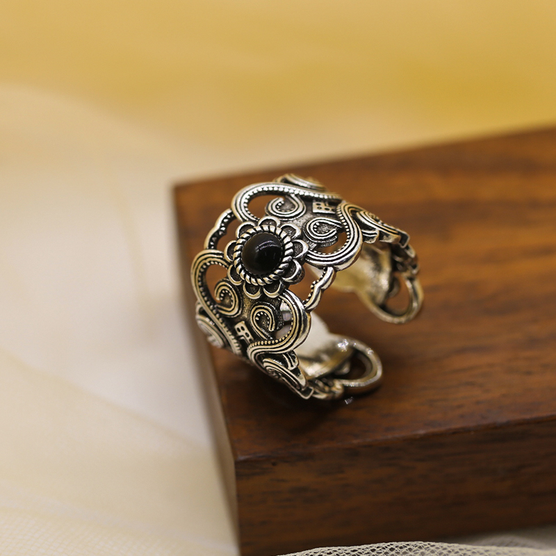 复古国潮图腾花纹戒指s925银做旧镂空花纹宽版食指戒子开口指环女