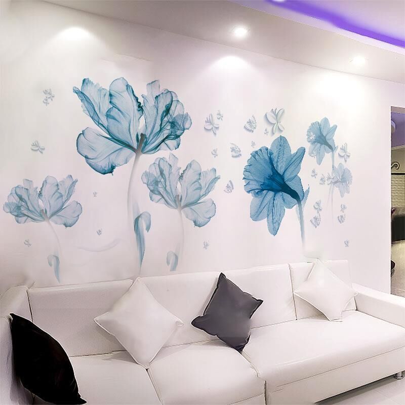 蓝花背景墙面贴纸温馨客厅装饰品贴画床头自粘墙纸房间布置墙贴花