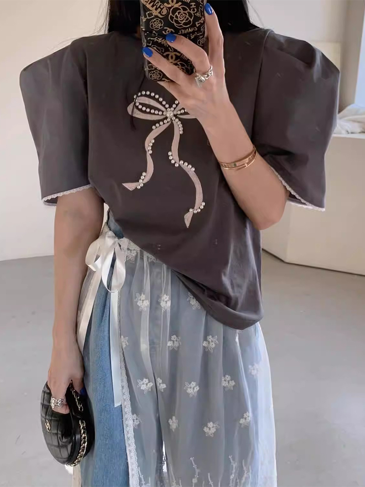 小众设计感珍珠装饰蝴蝶结印花泡泡袖T恤女夏季新款韩版气质上衣