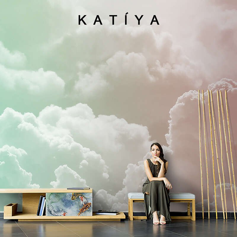 Katiya彩色渐变墙布公主儿童房女孩壁纸卧室房间环保定制壁画云朵