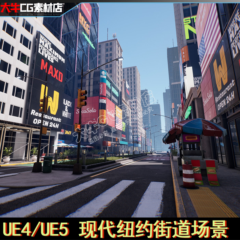 UE4虚幻ue5 写实现代城市商业街道 纽约街头商店广告牌道具场景