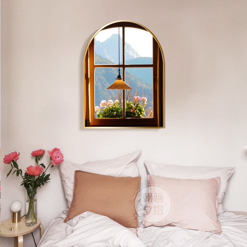 法式窗外风景装饰画ins风客厅简约壁画拱形小众复古卧室床头挂画