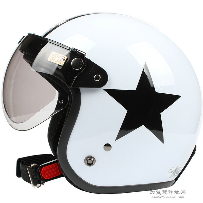 台湾白色黑星哈雷电动摩托车头盔防晒紫外线男女通用复古保暖冬季
