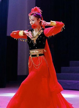 佟丽娅同款新疆舞蹈演出服开场舞大摆裙成人女红色长袖维吾尔族服