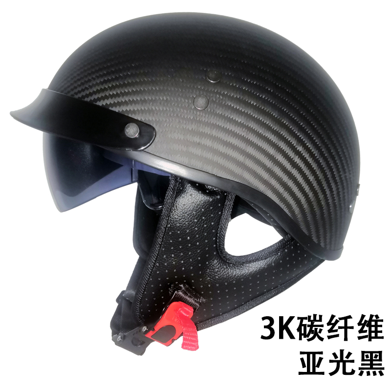 正品碳纤维头盔男女复古巡航太子盔摩托车半盔冬季哈雷机车帽3C瓢