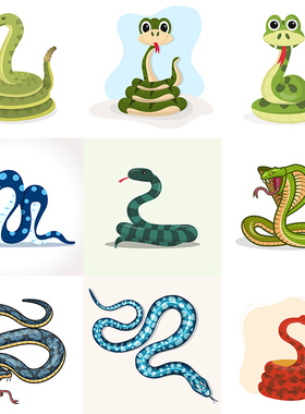 卡通蛇 可爱彩绘眼镜蛇蟒蛇毒蛇动物插画 AI矢量设计素材