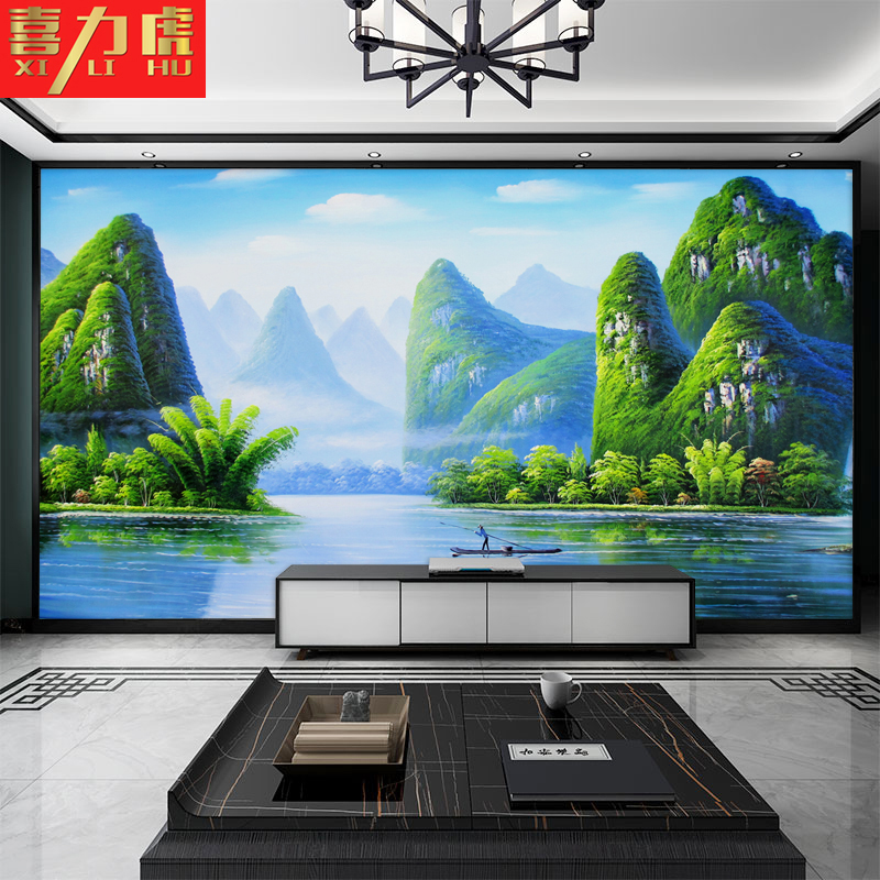 桂林山水电视背景墙壁画漓江风景高山中式壁纸影视墙布客厅8d墙纸