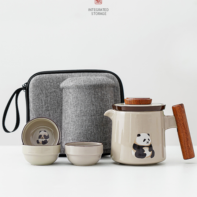 草木灰熊猫便携式茶具旅行套装快客杯一壶三杯随身户外陶瓷泡茶壶