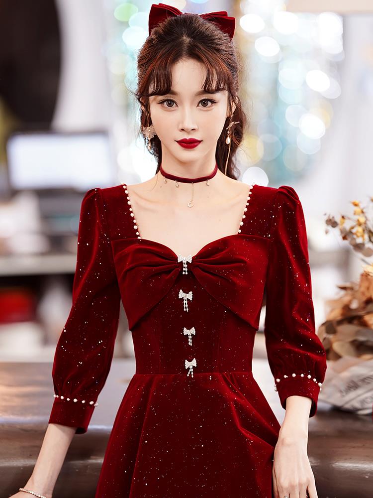 冬季敬酒服新娘红色礼服女高级感裙子订婚连衣裙长袖平时可穿冬天