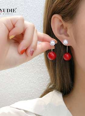 珍珠耳环2022年新款潮2021年红色耳饰耳钉小众设计感高级元宵节