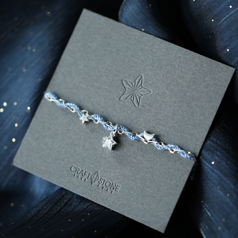 达瓦更扎的星河/原创星星月亮手链女925纯银星光锆石编织个性蓝绳