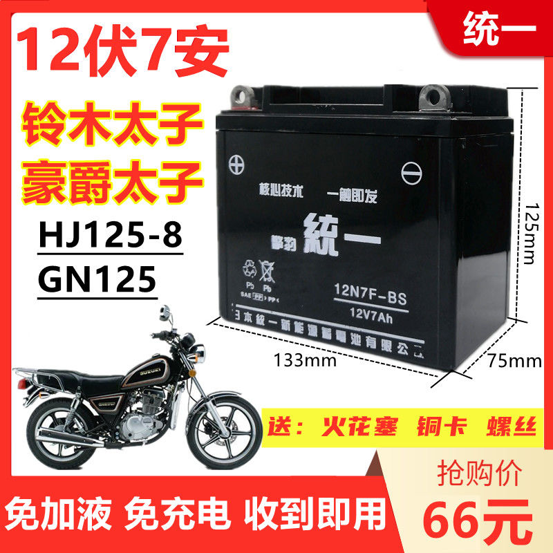 HJ太子太GN子HJ125-8男士摩托车擎豹统一免维护蓄电池12V7A干电瓶