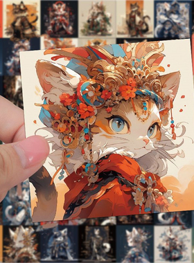 62张国风小猫贴纸猫武士古风动物创意艺术绘画可爱小猫咪防水贴画