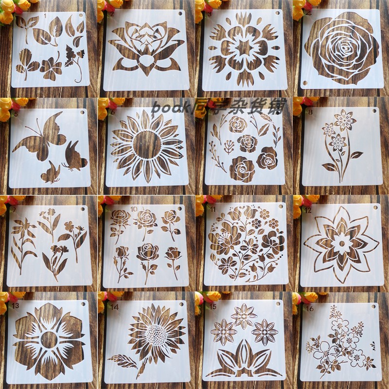 20款花朵绘画模板植物向日葵喷雾模DIY镂空塑料模板手抄报花边尺
