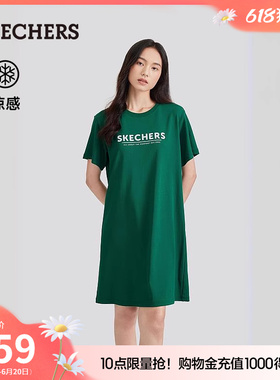 Skechers斯凯奇2024年夏季新款女士印花凉感T恤连衣裙长款短袖